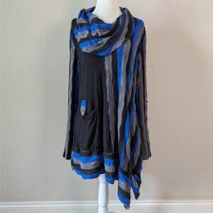Ali Miles Blue Gray Striped Tunic Size Large Asymmetrical Cowl Neck Pocket